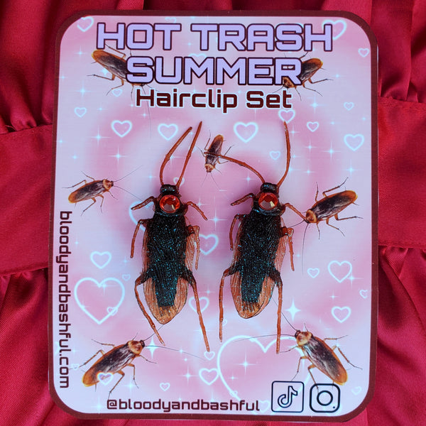'HOT TRASH SUMMER' RED COCKROACH HAIRCLIP SET