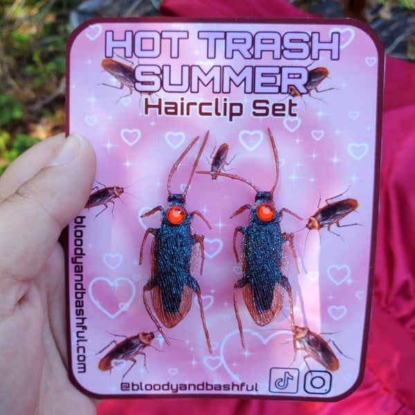 'HOT TRASH SUMMER' RED COCKROACH HAIRCLIP SET