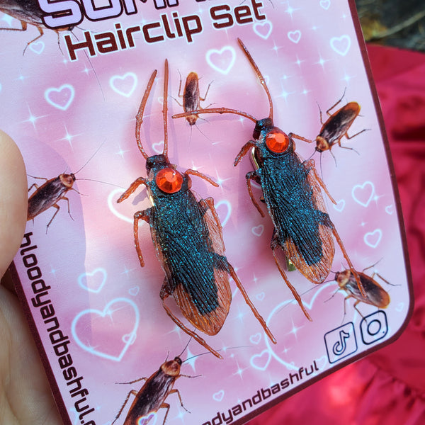 'HOT TRASH SUMMER' RED COCKROACH HAIRCLIP SET