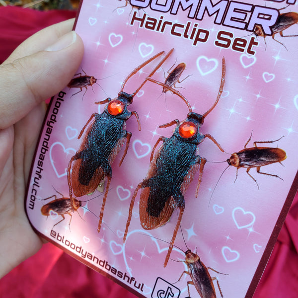 'HOT TRASH SUMMER' RED COCKROACH HAIRCLIP SET