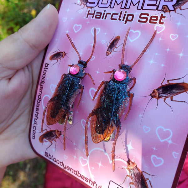 'HOT TRASH SUMMER' HOT PINK COCKROACH HAIRCLIP SET