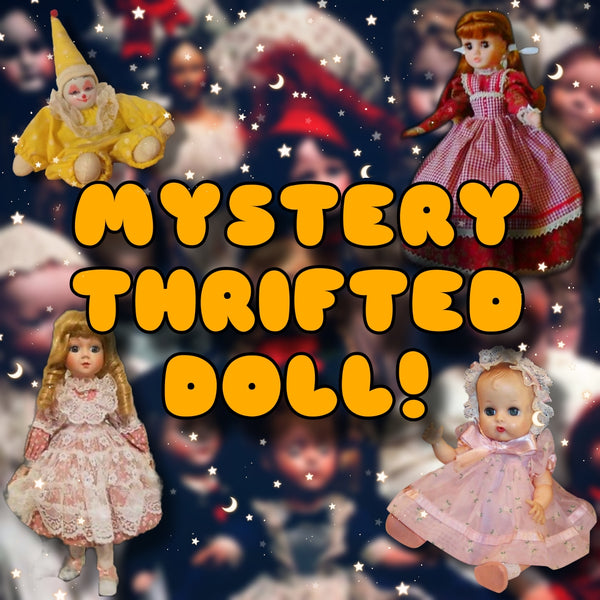 Mystery Thrifted Doll text with 4 dolls examples